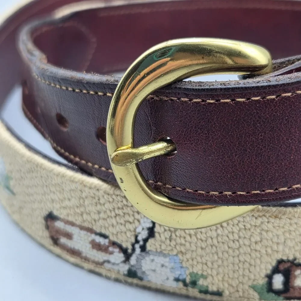 Needlepoint Belt Golf Mens Canvas Leather brass round buckle sz 44